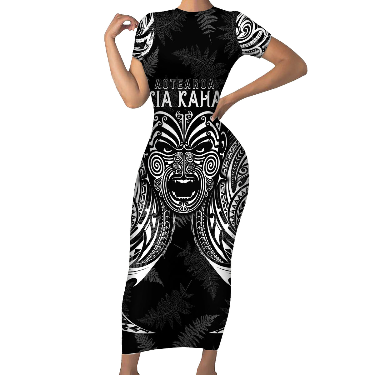 New Zealand Rugby Family Matching Short Sleeve Bodycon Dress and Hawaiian Shirt 2023 World Cup Aotearoa Haka Face LT7 Mom's Dress Black - Polynesian Pride