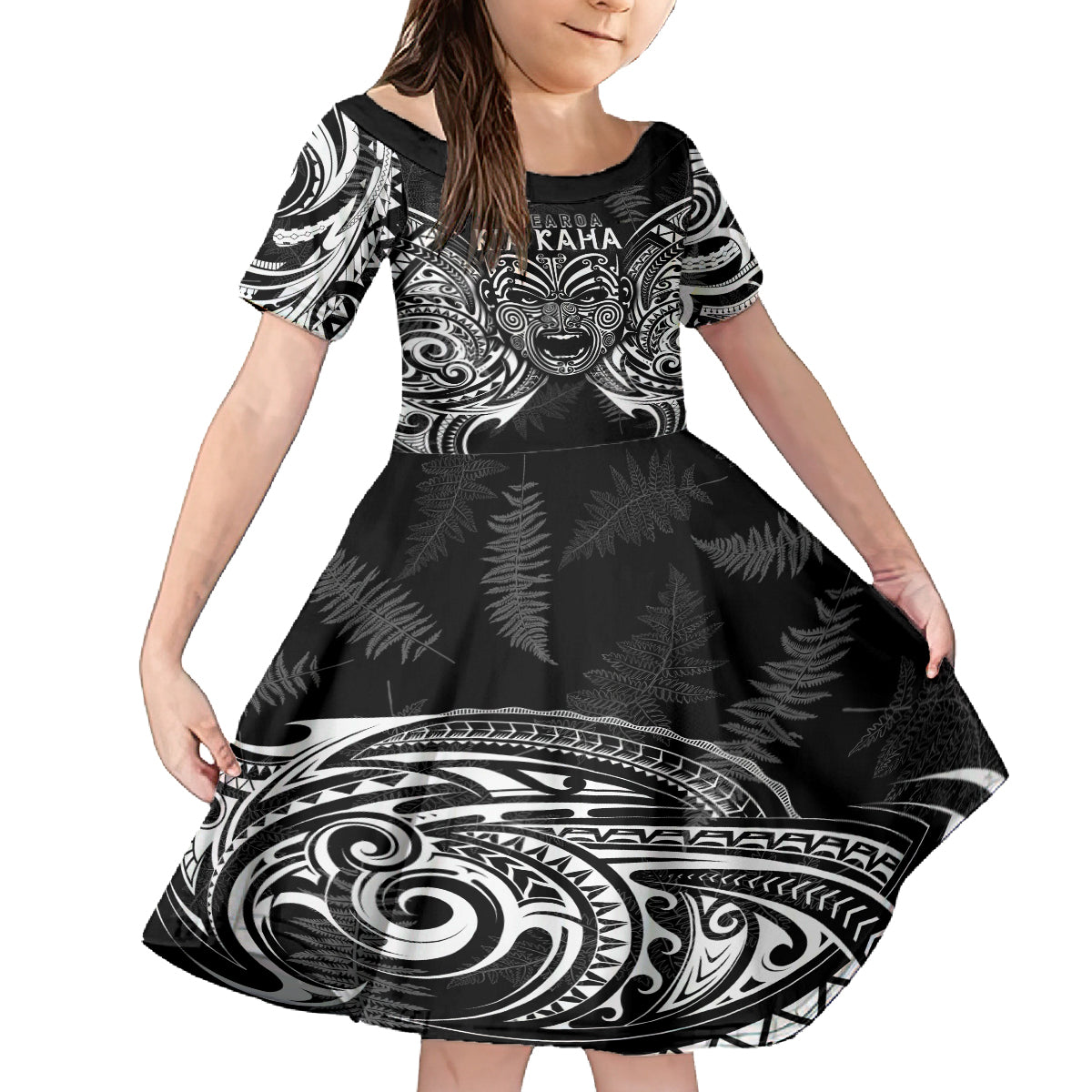 New Zealand Rugby Family Matching Summer Maxi Dress and Hawaiian Shirt 2023 World Cup Aotearoa Haka Face LT7 Daughter's Dress Black - Polynesian Pride