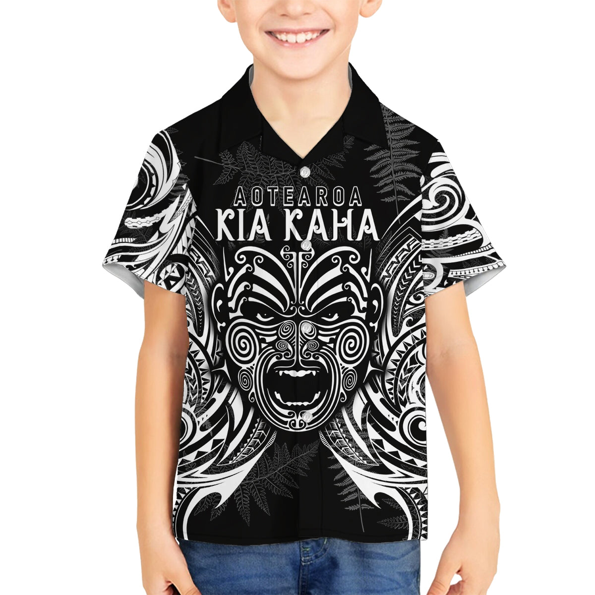 New Zealand Rugby Family Matching Summer Maxi Dress and Hawaiian Shirt 2023 World Cup Aotearoa Haka Face LT7 Son's Shirt Black - Polynesian Pride