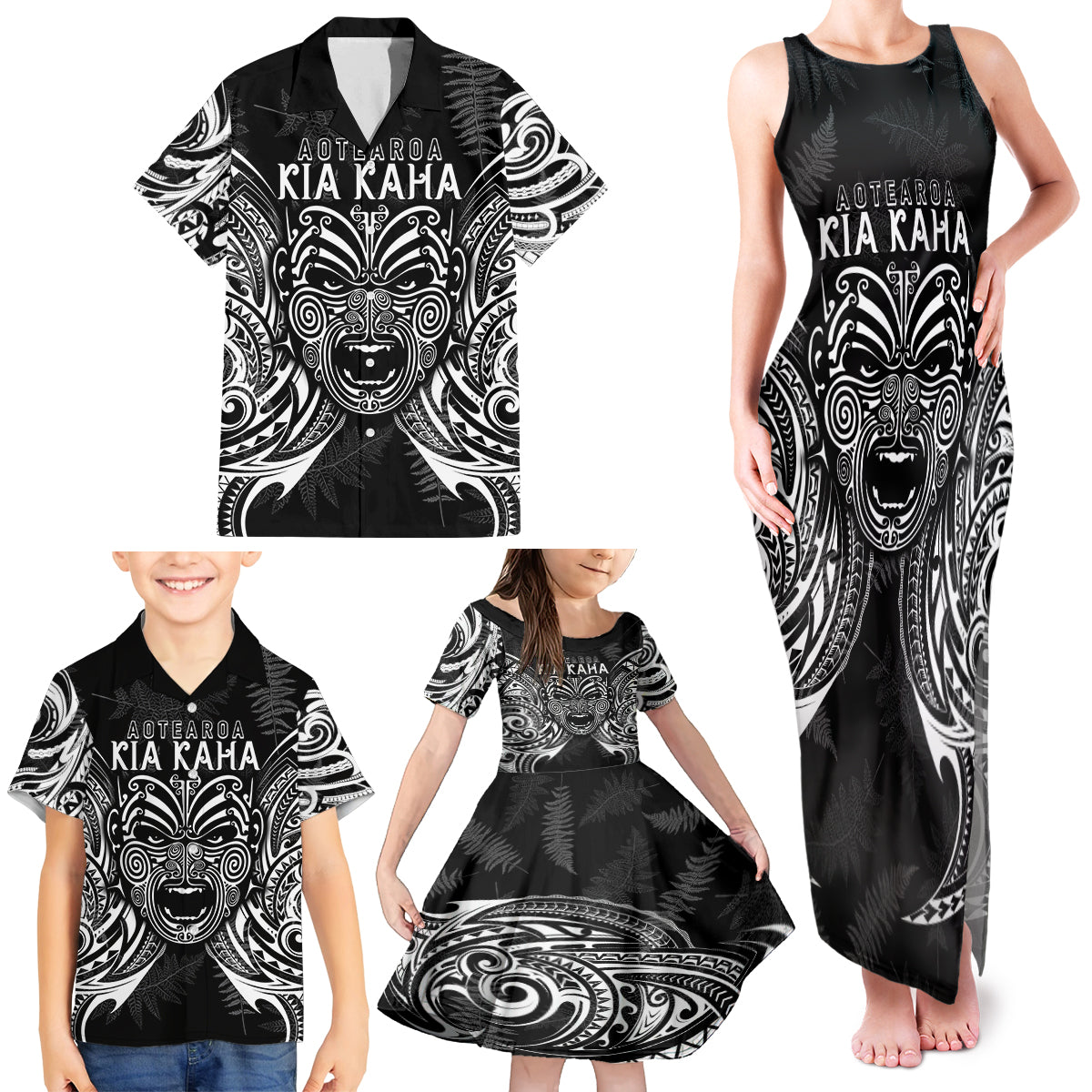 Custom New Zealand Rugby Family Matching Tank Maxi Dress and Hawaiian Shirt 2023 World Cup Aotearoa Haka Face LT7 - Polynesian Pride