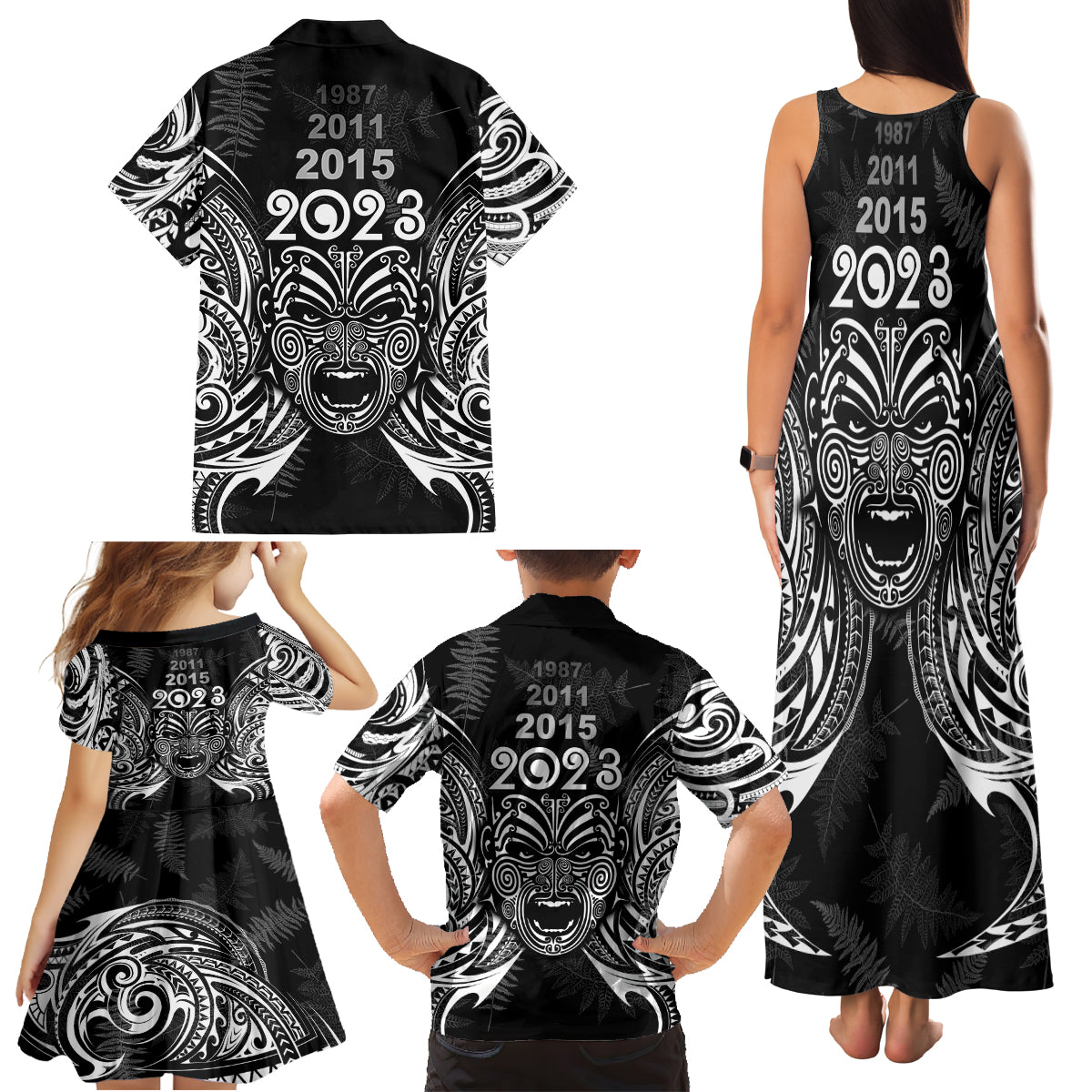 New Zealand Rugby Family Matching Tank Maxi Dress and Hawaiian Shirt 2023 World Cup Aotearoa Haka Face LT7 - Polynesian Pride