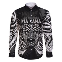 New Zealand Rugby Family Matching Tank Maxi Dress and Hawaiian Shirt 2023 World Cup Aotearoa Haka Face LT7 Dad's Shirt - Long Sleeve Black - Polynesian Pride