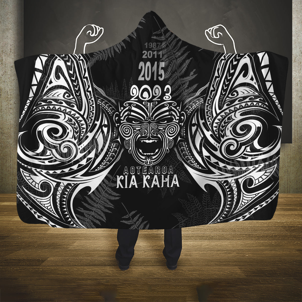 Custom New Zealand Rugby Hooded Blanket 2023 World Cup Aotearoa Haka Face LT7 One Size Black - Polynesian Pride