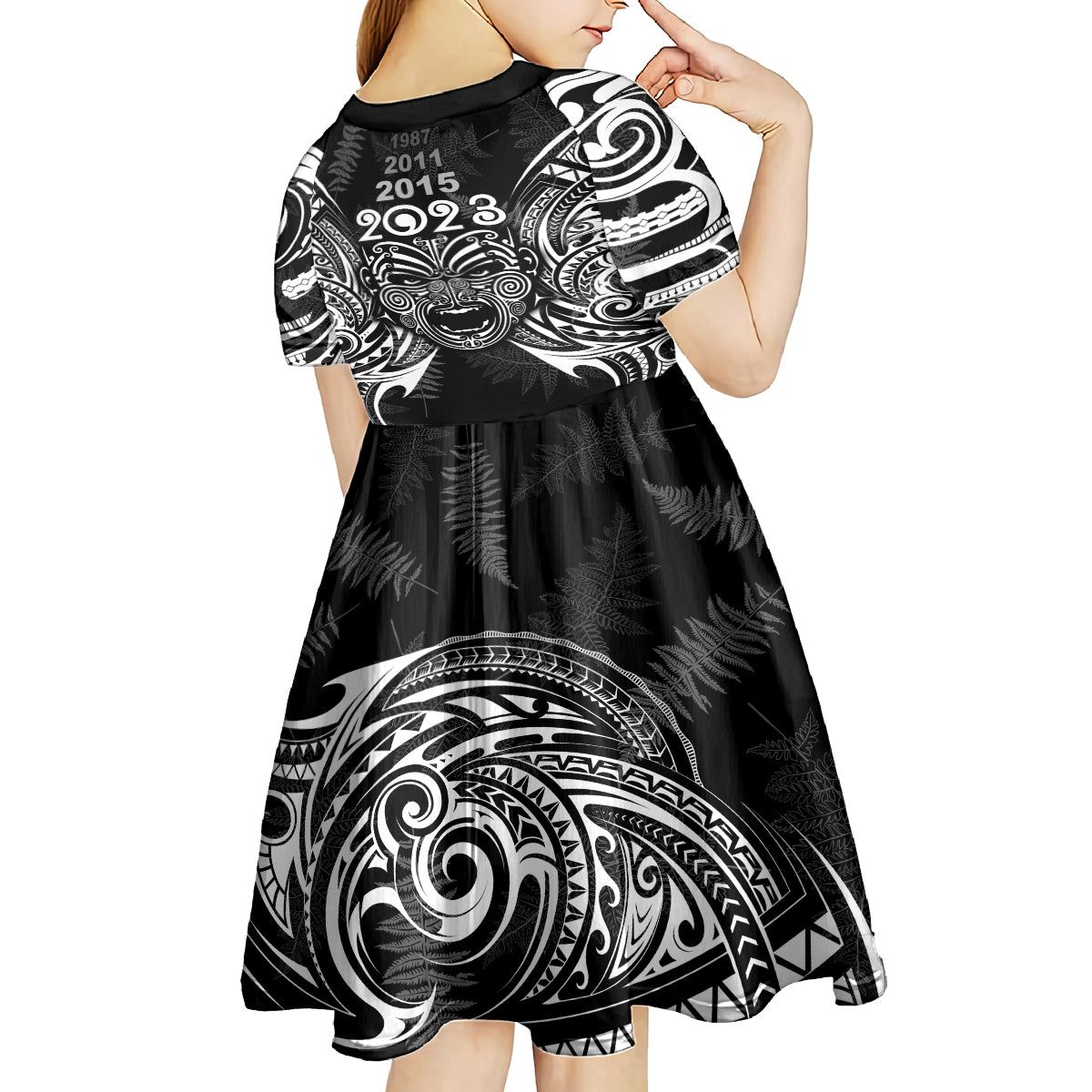Custom New Zealand Rugby Kid Short Sleeve Dress 2023 World Cup Aotearoa Haka Face LT7 - Polynesian Pride