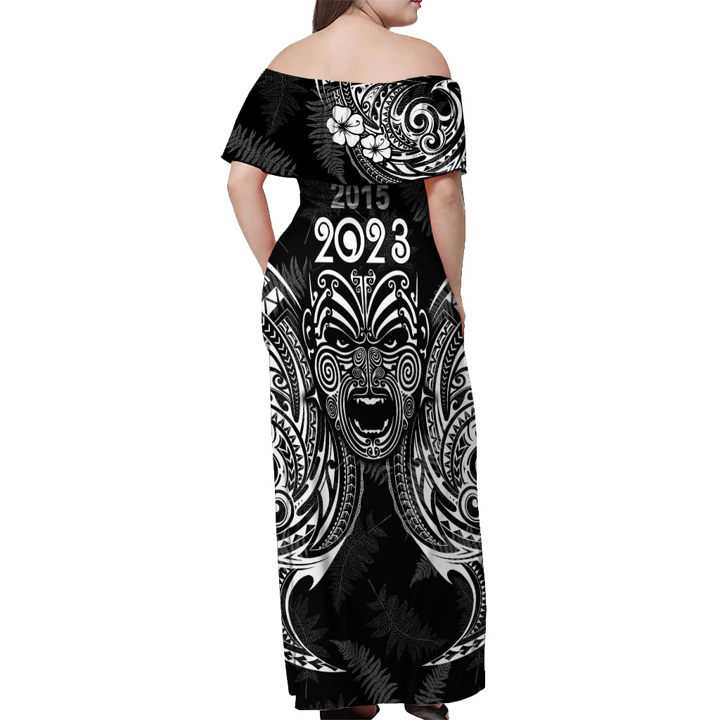 Custom New Zealand Rugby Off Shoulder Maxi Dress 2023 World Cup Aotearoa Haka Face LT7 - Polynesian Pride