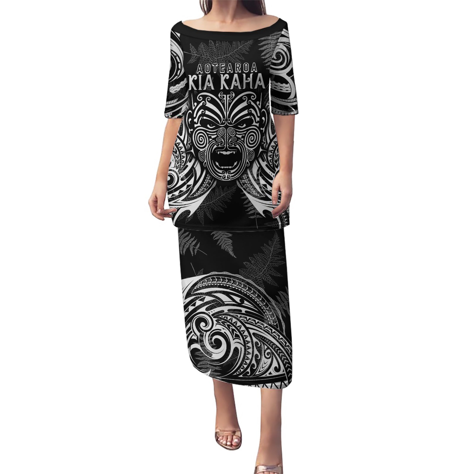 Custom New Zealand Rugby Puletasi 2023 World Cup Aotearoa Haka Face LT7 Long Dress Black - Polynesian Pride