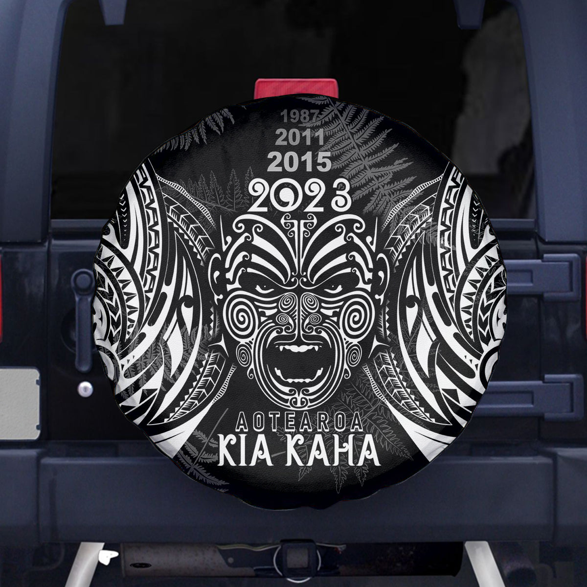 Custom New Zealand Rugby Spare Tire Cover 2023 World Cup Aotearoa Haka Face LT7 Black - Polynesian Pride