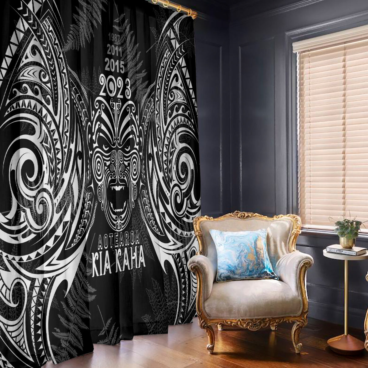 Custom New Zealand Rugby Window Curtain 2023 World Cup Aotearoa Haka Face LT7 With Hooks Black - Polynesian Pride