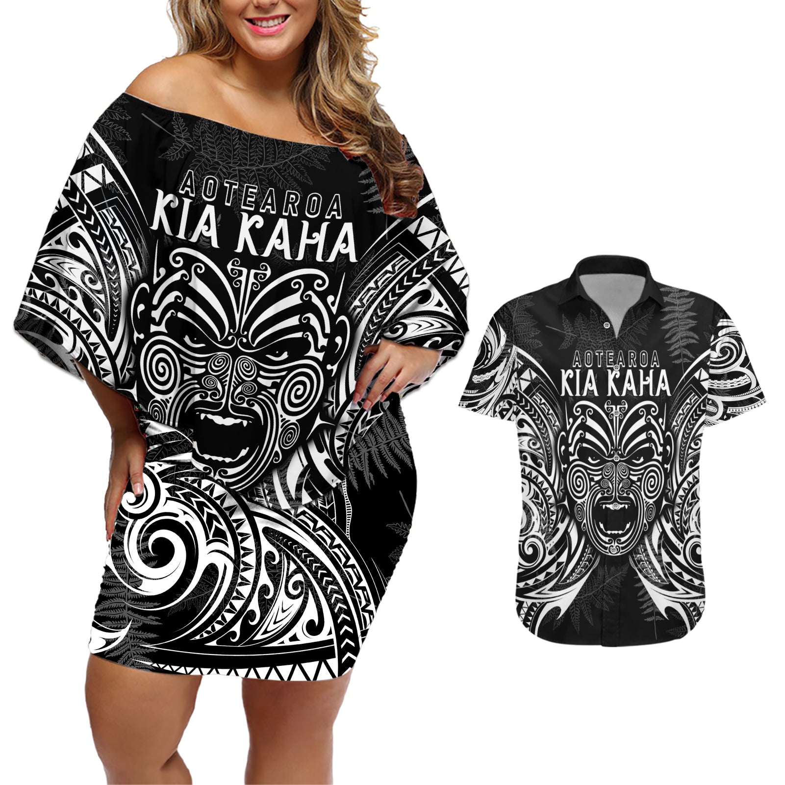 New Zealand Rugby Couples Matching Off Shoulder Short Dress and Hawaiian Shirt 2023 World Cup Aotearoa Create History LT7 Black - Polynesian Pride