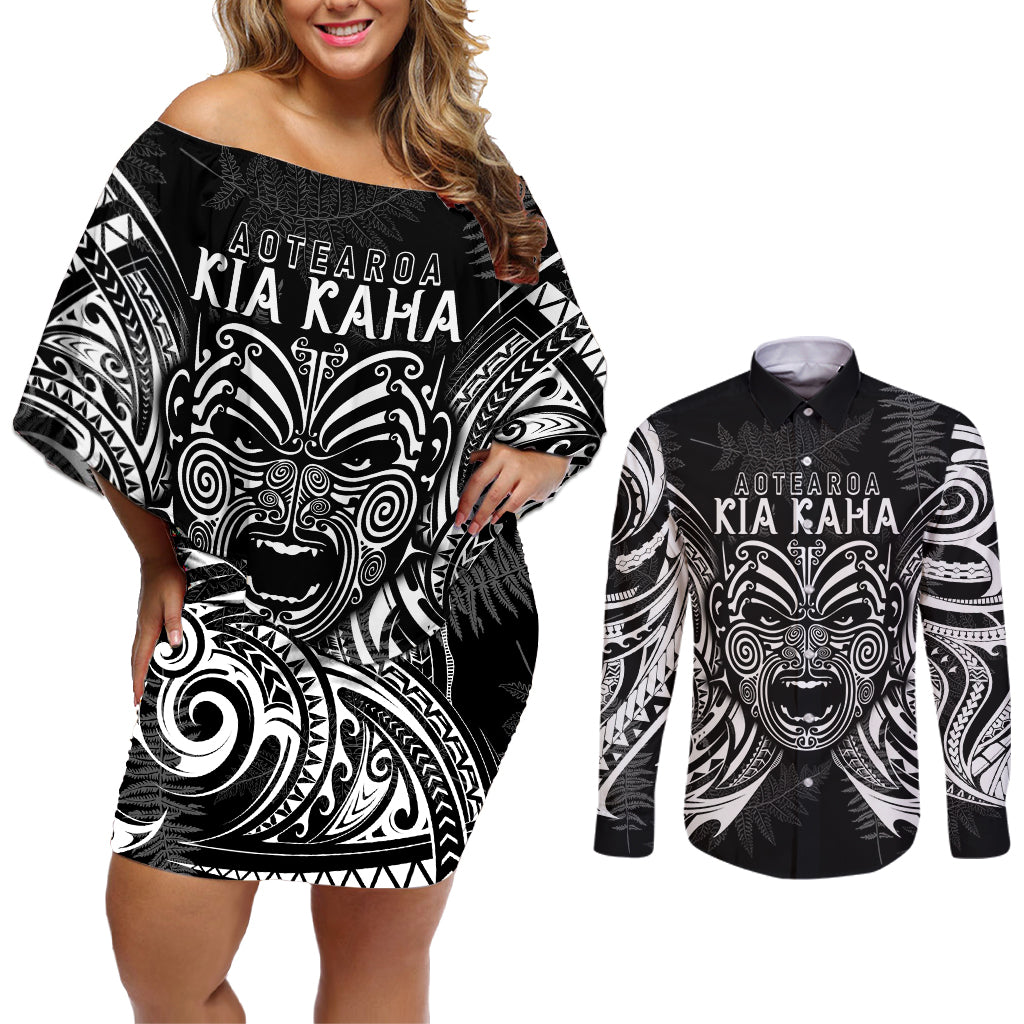 New Zealand Rugby Couples Matching Off Shoulder Short Dress and Long Sleeve Button Shirt 2023 World Cup Aotearoa Create History LT7 Black - Polynesian Pride