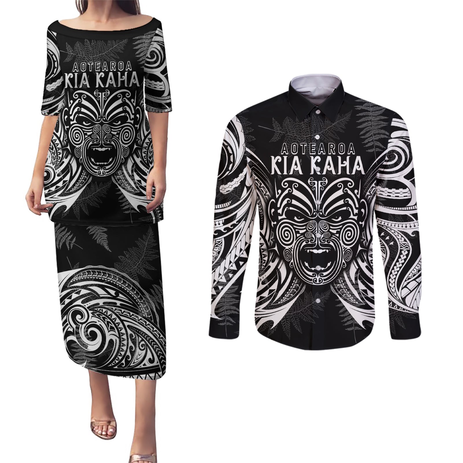 New Zealand Rugby Couples Matching Puletasi Dress and Long Sleeve Button Shirt 2023 World Cup Aotearoa Create History LT7 Black - Polynesian Pride