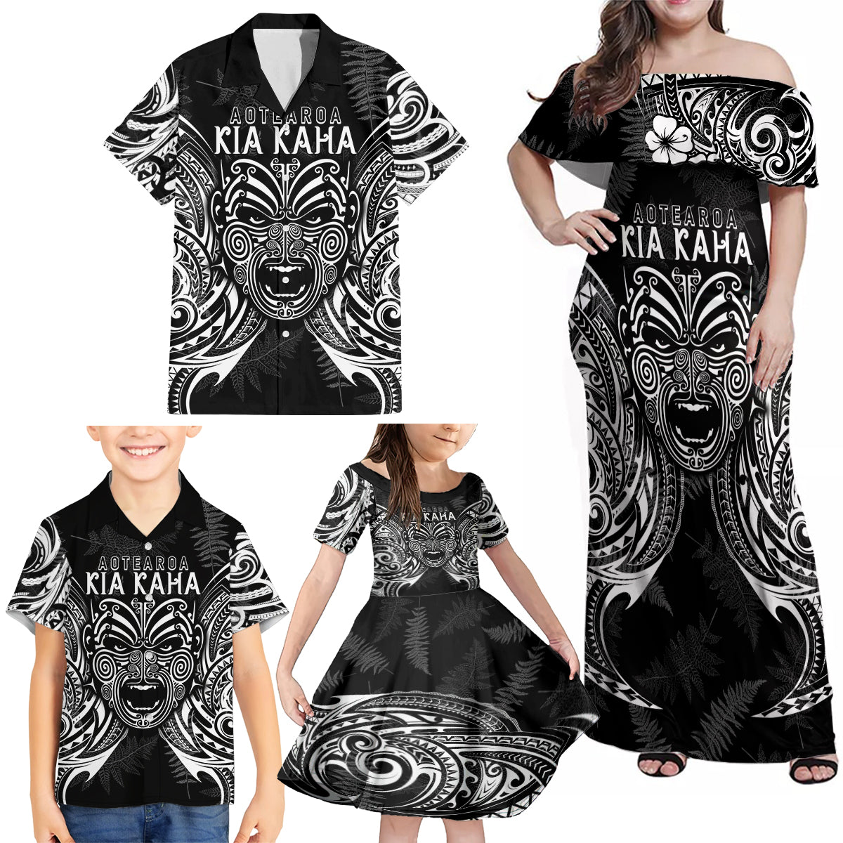 New Zealand Rugby Family Matching Off Shoulder Maxi Dress and Hawaiian Shirt 2023 World Cup Aotearoa Create History LT7 - Polynesian Pride