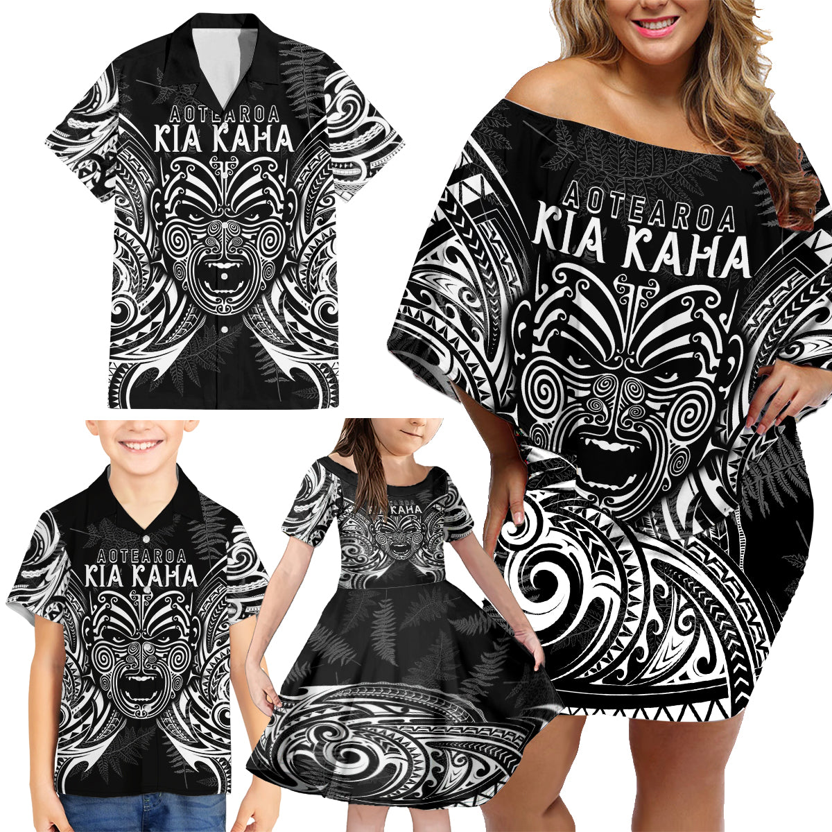 New Zealand Rugby Family Matching Off Shoulder Short Dress and Hawaiian Shirt 2023 World Cup Aotearoa Create History LT7 - Polynesian Pride