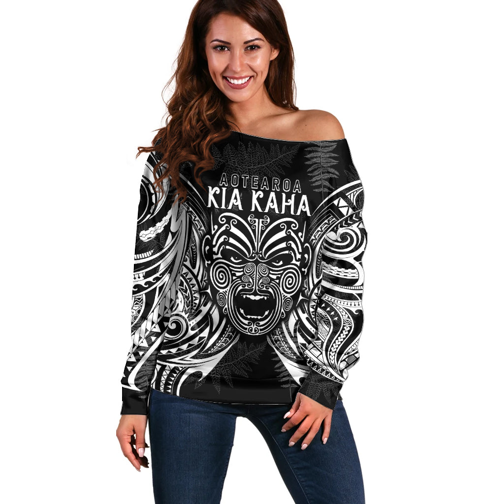 New Zealand Rugby Off Shoulder Sweater 2023 World Cup Aotearoa Create History LT7 Women Black - Polynesian Pride