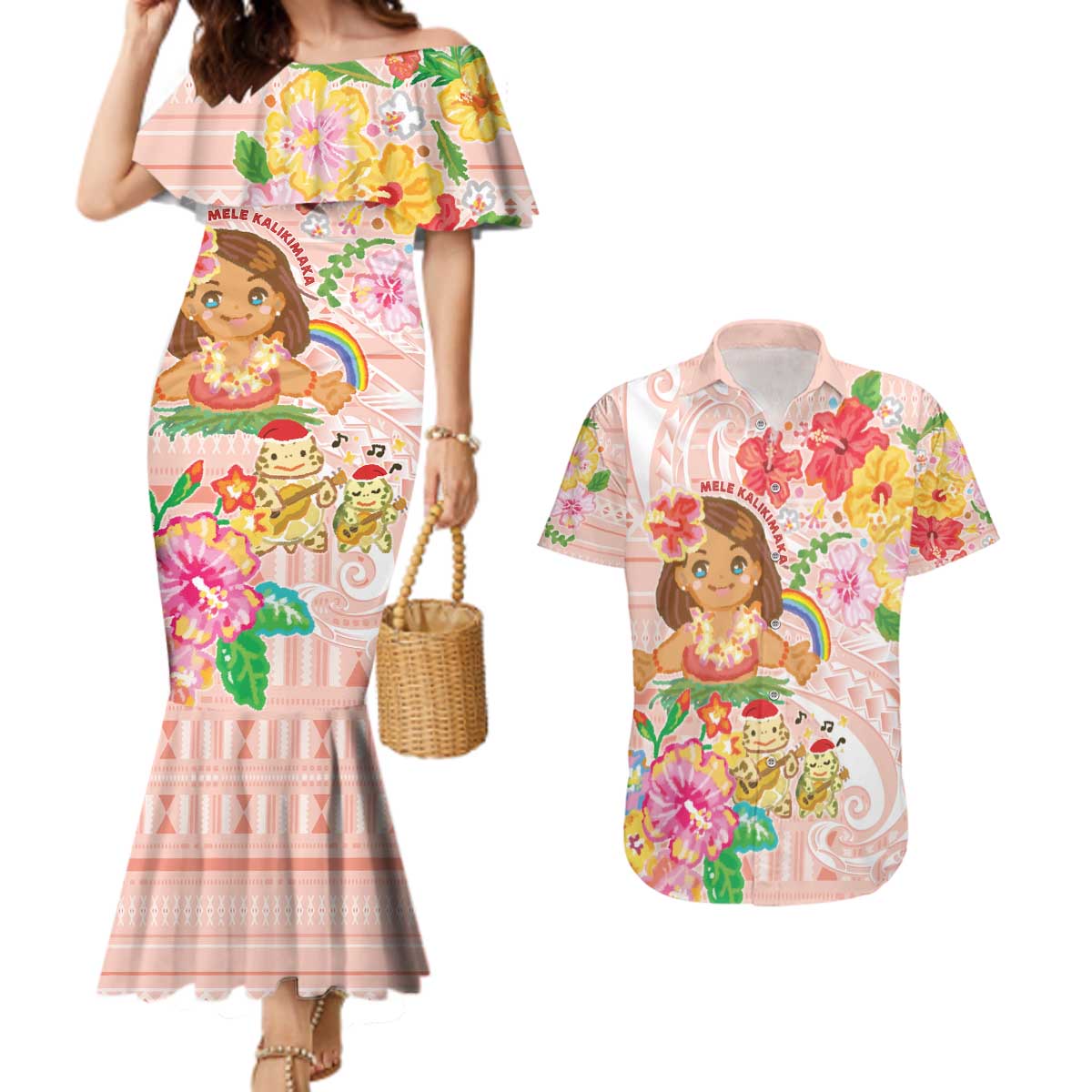 Aloha Hawaii Couples Matching Mermaid Dress and Hawaiian Shirt Kawaii Mele Kalikimaka - Pastel Fever