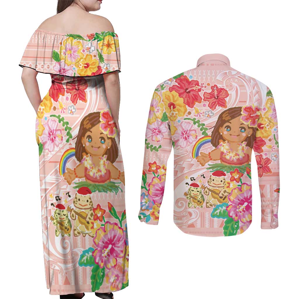 Aloha Hawaii Couples Matching Off Shoulder Maxi Dress and Long Sleeve Button Shirt Kawaii Mele Kalikimaka - Pastel Fever