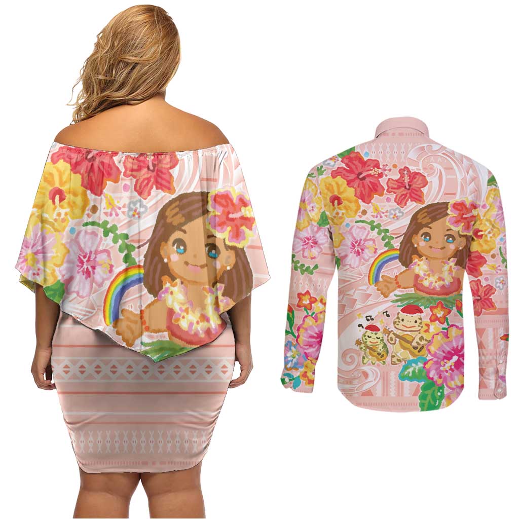 Aloha Hawaii Couples Matching Off Shoulder Short Dress and Long Sleeve Button Shirt Kawaii Mele Kalikimaka - Pastel Fever