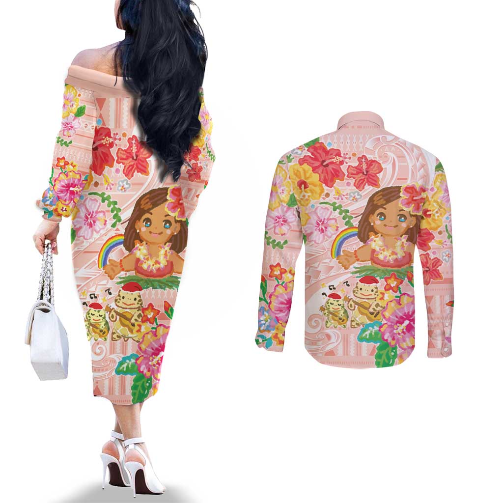 Aloha Hawaii Couples Matching Off The Shoulder Long Sleeve Dress and Long Sleeve Button Shirt Kawaii Mele Kalikimaka - Pastel Fever