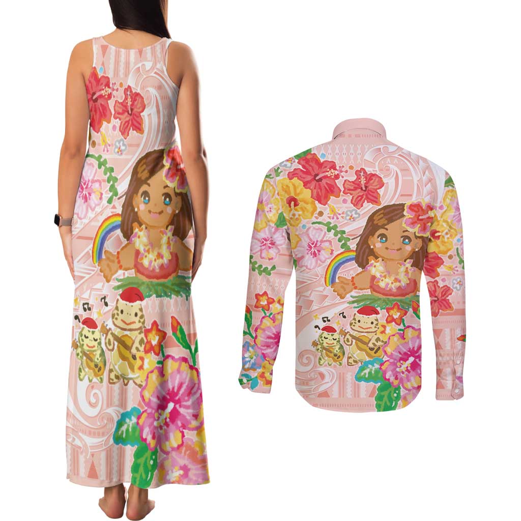 Aloha Hawaii Couples Matching Tank Maxi Dress and Long Sleeve Button Shirt Kawaii Mele Kalikimaka - Pastel Fever