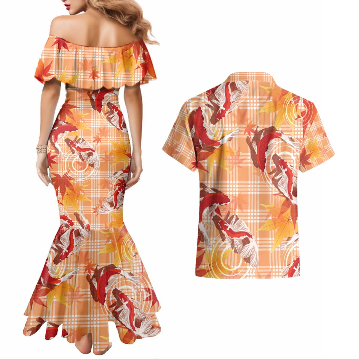 Orange Palaka Hawaii Aloha Couples Matching Mermaid Dress and Hawaiian Shirt Koi Pond Mix Japanese Maple - Polynesian Pride