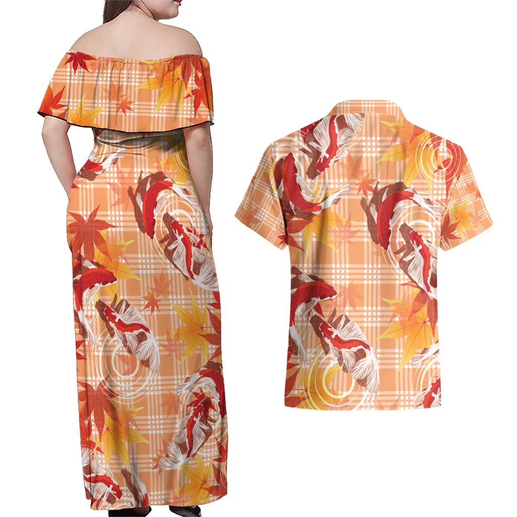Orange Palaka Hawaii Aloha Couples Matching Off Shoulder Maxi Dress and Hawaiian Shirt Koi Pond Mix Japanese Maple - Polynesian Pride
