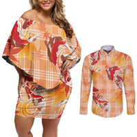 Orange Palaka Hawaii Aloha Couples Matching Off Shoulder Short Dress and Long Sleeve Button Shirt Koi Pond Mix Japanese Maple - Polynesian Pride