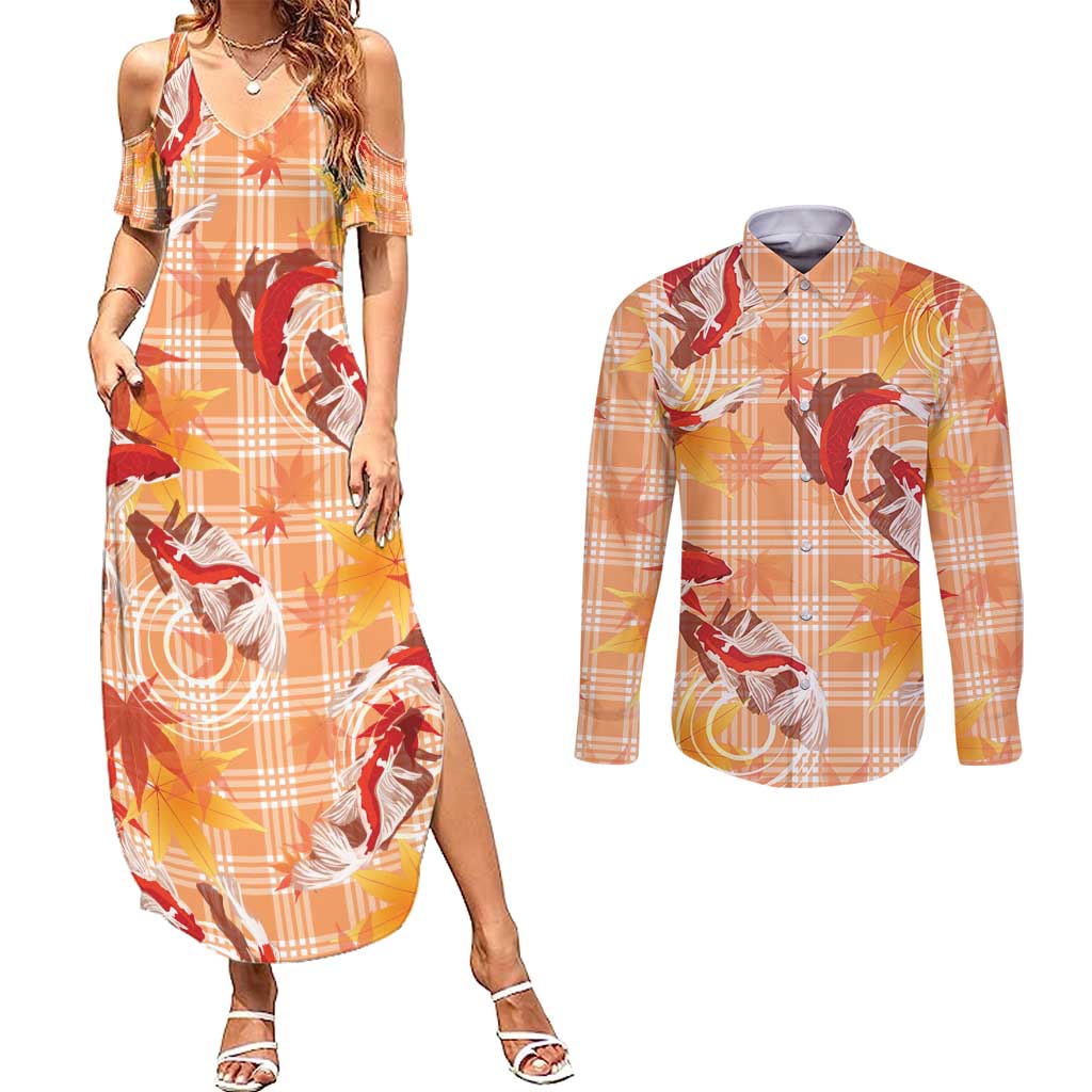 Orange Palaka Hawaii Aloha Couples Matching Summer Maxi Dress and Long Sleeve Button Shirt Koi Pond Mix Japanese Maple - Polynesian Pride