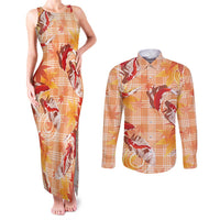 Orange Palaka Hawaii Aloha Couples Matching Tank Maxi Dress and Long Sleeve Button Shirt Koi Pond Mix Japanese Maple - Polynesian Pride