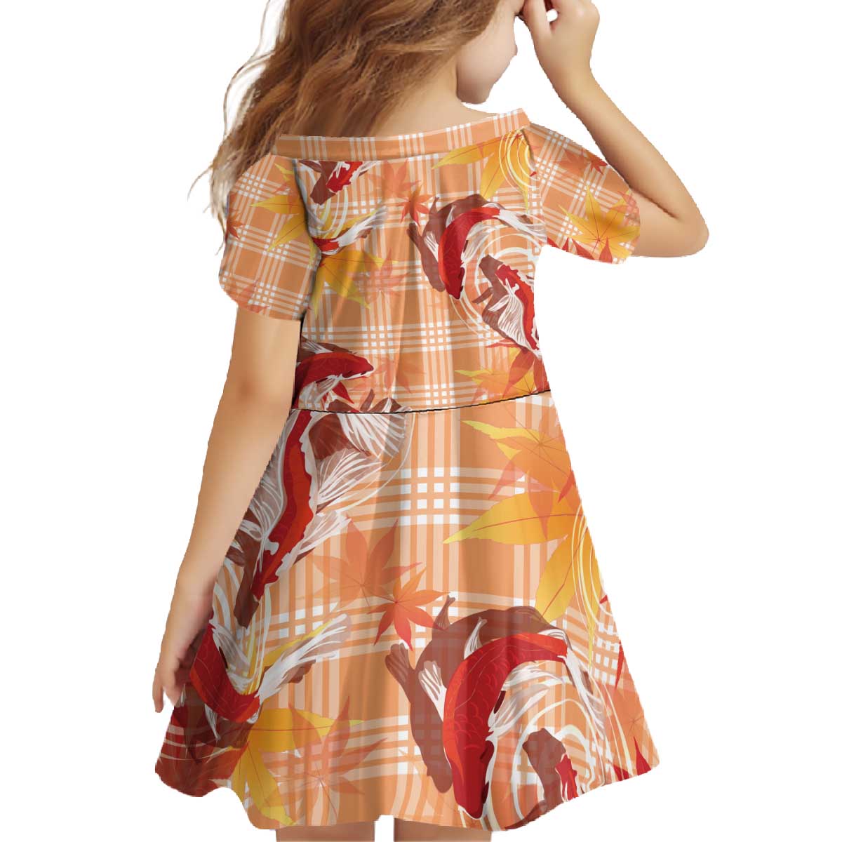 Orange Palaka Hawaii Aloha Family Matching Off The Shoulder Long Sleeve Dress and Hawaiian Shirt Koi Pond Mix Japanese Maple - Polynesian Pride