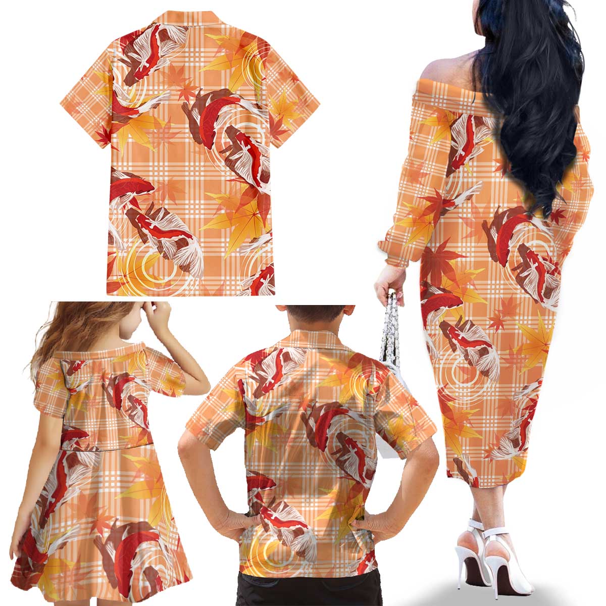 Orange Palaka Hawaii Aloha Family Matching Off The Shoulder Long Sleeve Dress and Hawaiian Shirt Koi Pond Mix Japanese Maple - Polynesian Pride