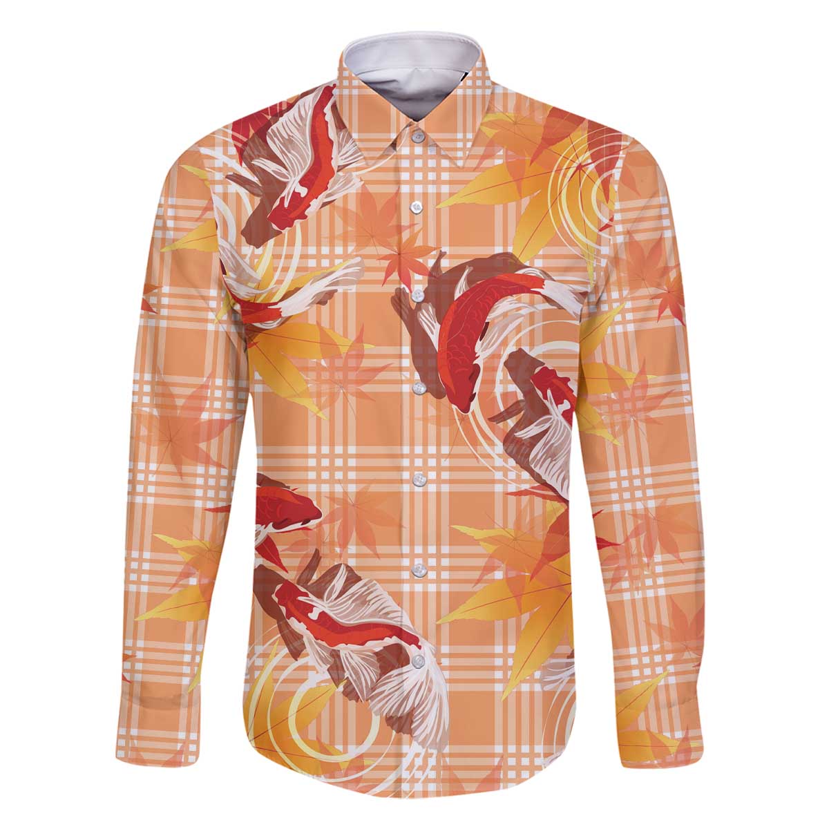 Orange Palaka Hawaii Aloha Family Matching Off The Shoulder Long Sleeve Dress and Hawaiian Shirt Koi Pond Mix Japanese Maple - Polynesian Pride