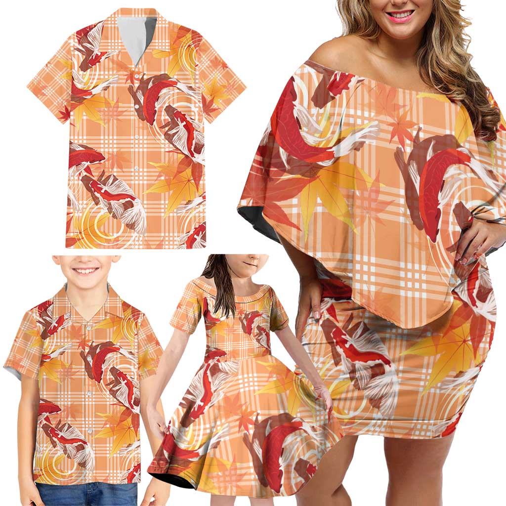 Orange Palaka Hawaii Aloha Family Matching Off Shoulder Short Dress and Hawaiian Shirt Koi Pond Mix Japanese Maple - Polynesian Pride