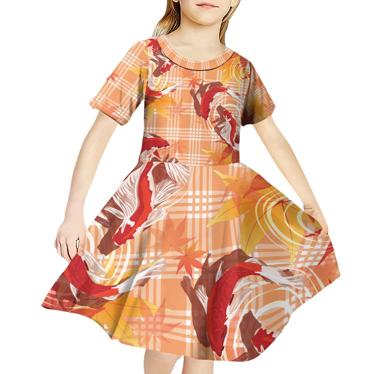 Orange Palaka Hawaii Aloha Kid Short Sleeve Dress Koi Pond Mix Japanese Maple - Polynesian Pride