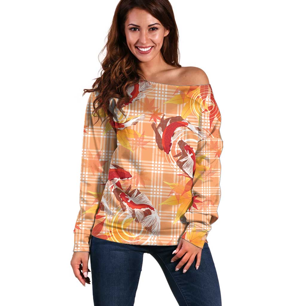 Orange Palaka Hawaii Aloha Off Shoulder Sweater Koi Pond Mix Japanese Maple - Polynesian Pride