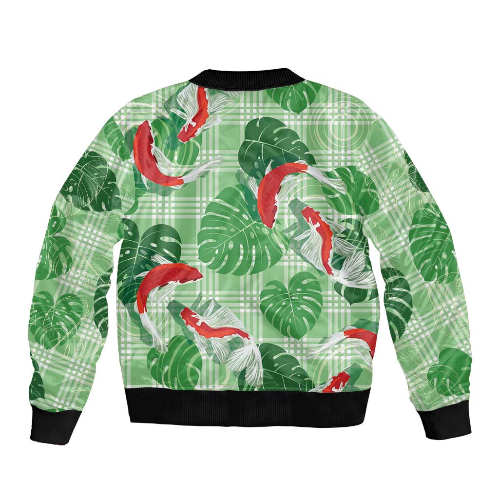 Lime Palaka Hawaii Aloha Bomber Jacket Koi Pond Mix Monstera - Polynesian Pride