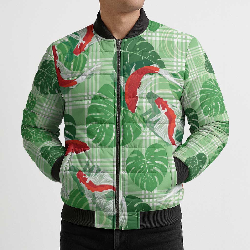Lime Palaka Hawaii Aloha Bomber Puffer Jacket Koi Pond Mix Monstera - Polynesian Pride