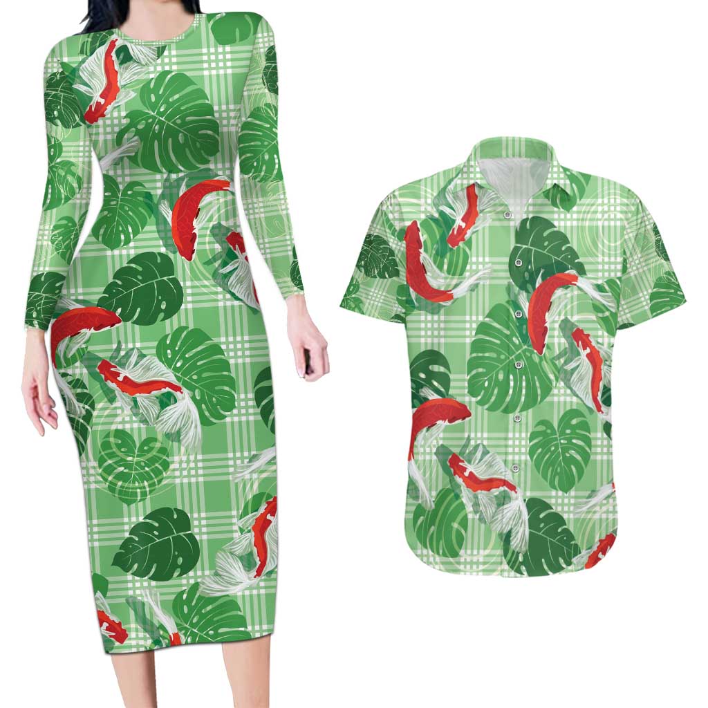 Lime Palaka Hawaii Aloha Couples Matching Long Sleeve Bodycon Dress and Hawaiian Shirt Koi Pond Mix Monstera - Polynesian Pride