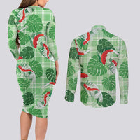 Lime Palaka Hawaii Aloha Couples Matching Long Sleeve Bodycon Dress and Long Sleeve Button Shirt Koi Pond Mix Monstera - Polynesian Pride