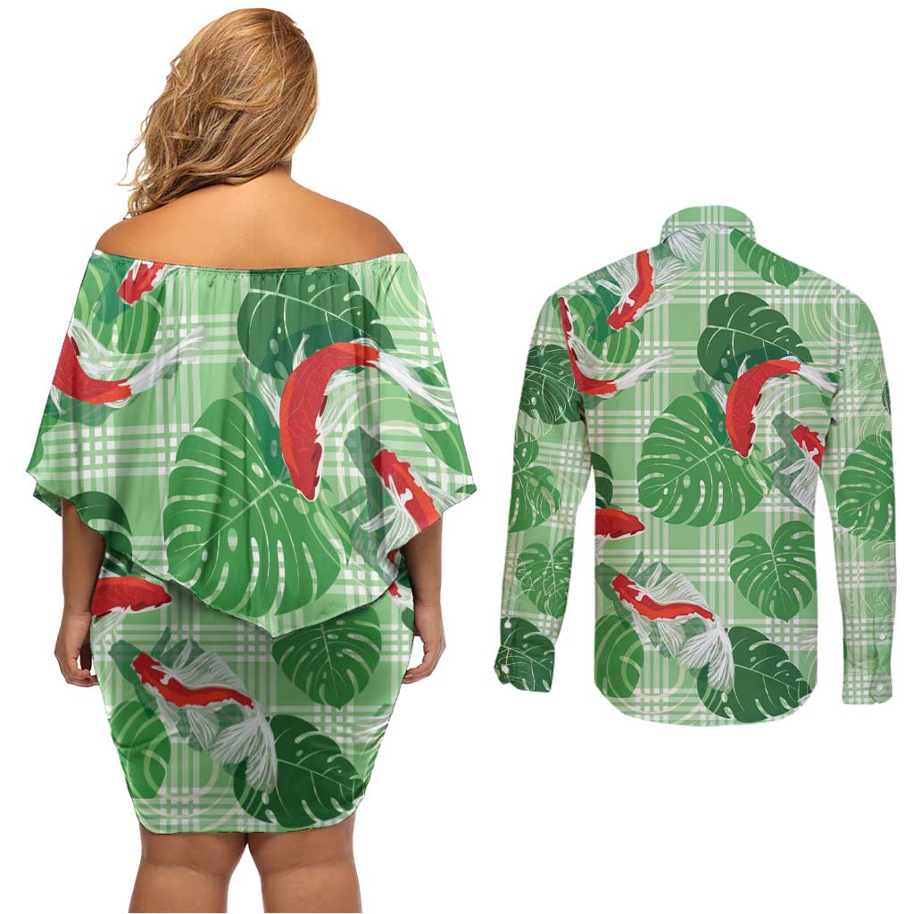 Lime Palaka Hawaii Aloha Couples Matching Off Shoulder Short Dress and Long Sleeve Button Shirt Koi Pond Mix Monstera - Polynesian Pride