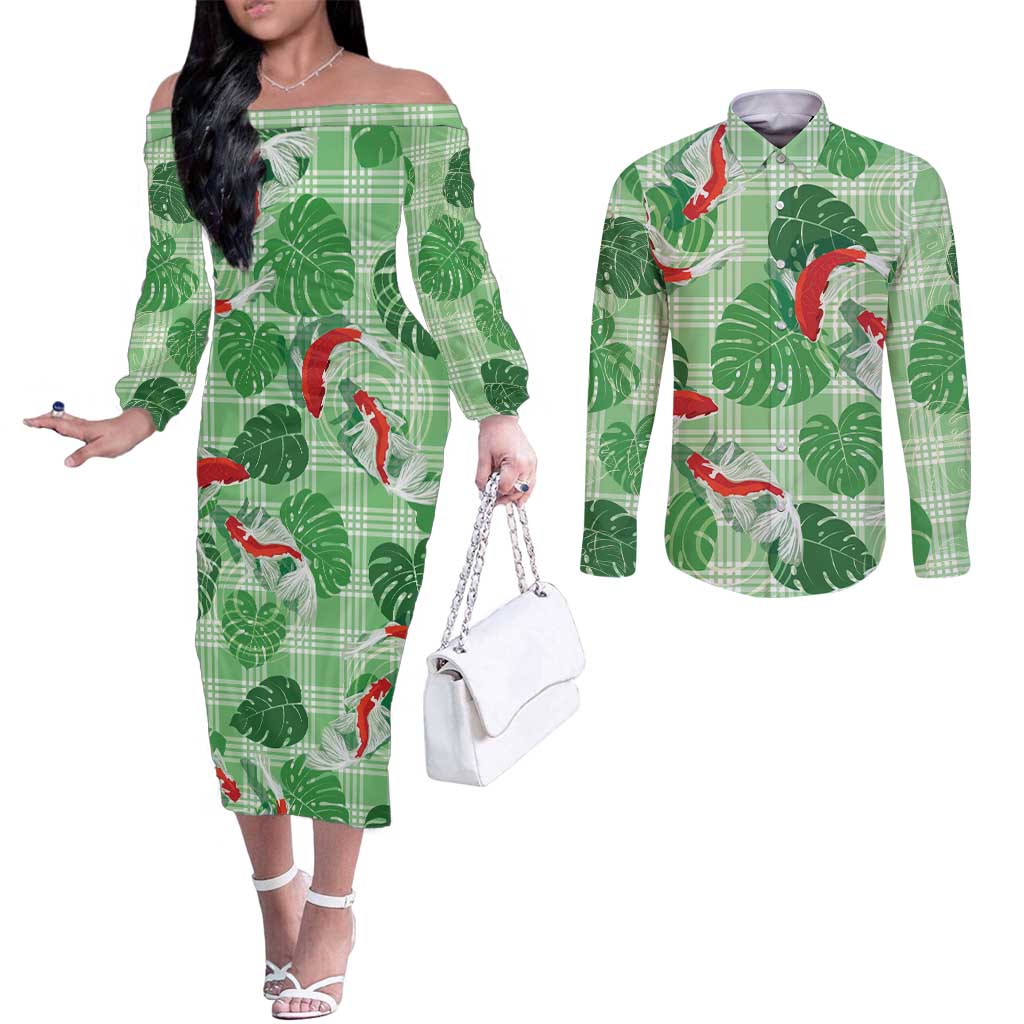 Lime Palaka Hawaii Aloha Couples Matching Off The Shoulder Long Sleeve Dress and Long Sleeve Button Shirt Koi Pond Mix Monstera - Polynesian Pride