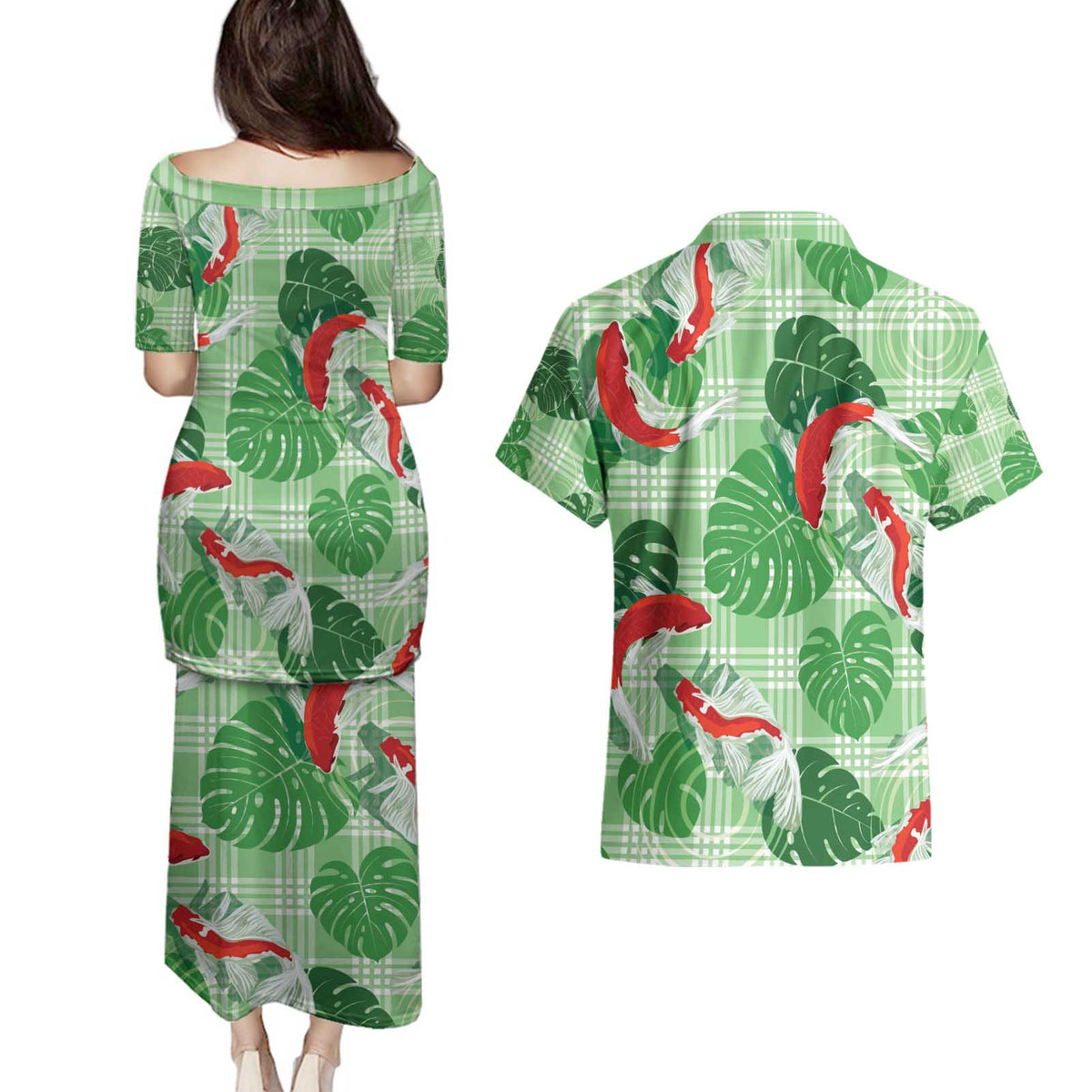 Lime Palaka Hawaii Aloha Couples Matching Puletasi and Hawaiian Shirt Koi Pond Mix Monstera - Polynesian Pride