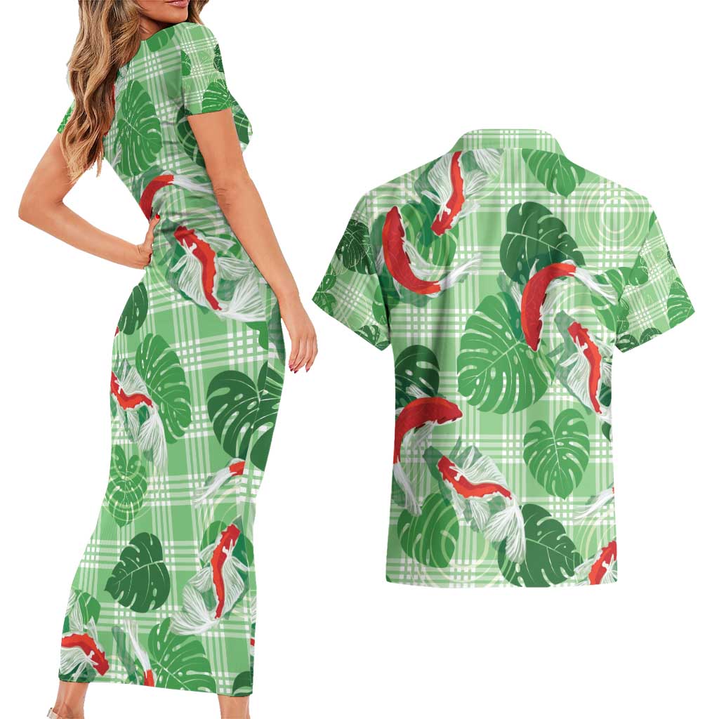 Lime Palaka Hawaii Aloha Couples Matching Short Sleeve Bodycon Dress and Hawaiian Shirt Koi Pond Mix Monstera - Polynesian Pride