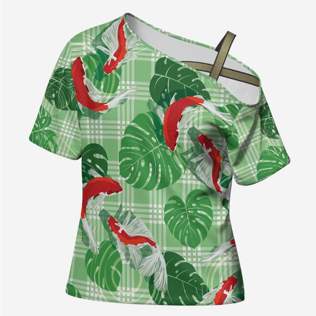 Lime Palaka Hawaii Aloha Cross Shoulder Shirt Koi Pond Mix Monstera - Polynesian Pride