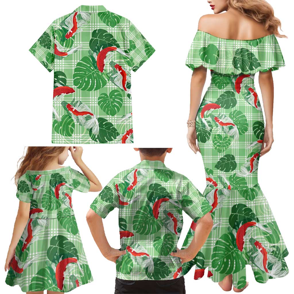Lime Palaka Hawaii Aloha Family Matching Mermaid Dress and Hawaiian Shirt Koi Pond Mix Monstera - Polynesian Pride