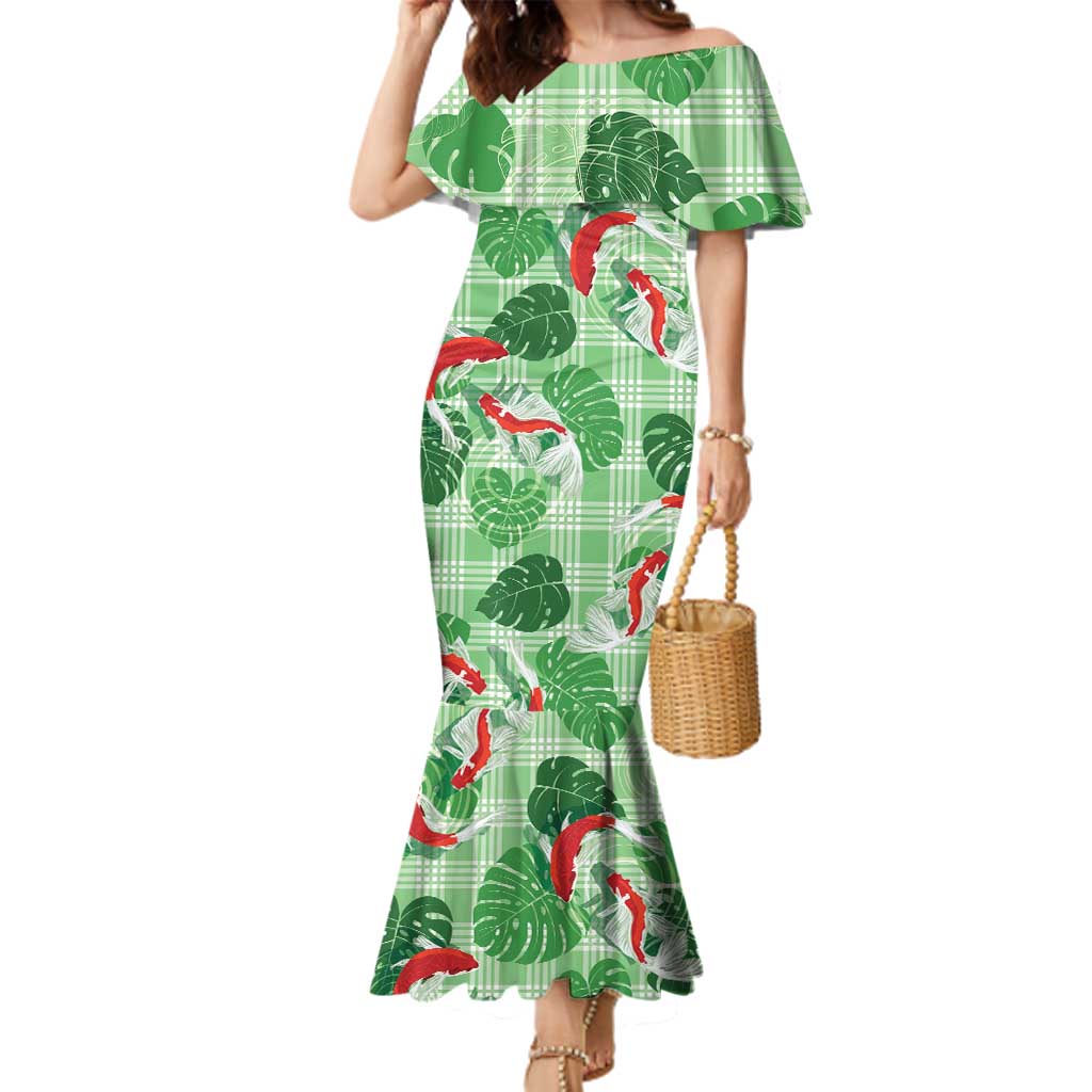 Lime Palaka Hawaii Aloha Family Matching Mermaid Dress and Hawaiian Shirt Koi Pond Mix Monstera - Polynesian Pride