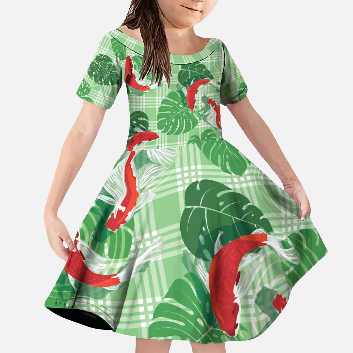 Lime Palaka Hawaii Aloha Family Matching Off The Shoulder Long Sleeve Dress and Hawaiian Shirt Koi Pond Mix Monstera - Polynesian Pride