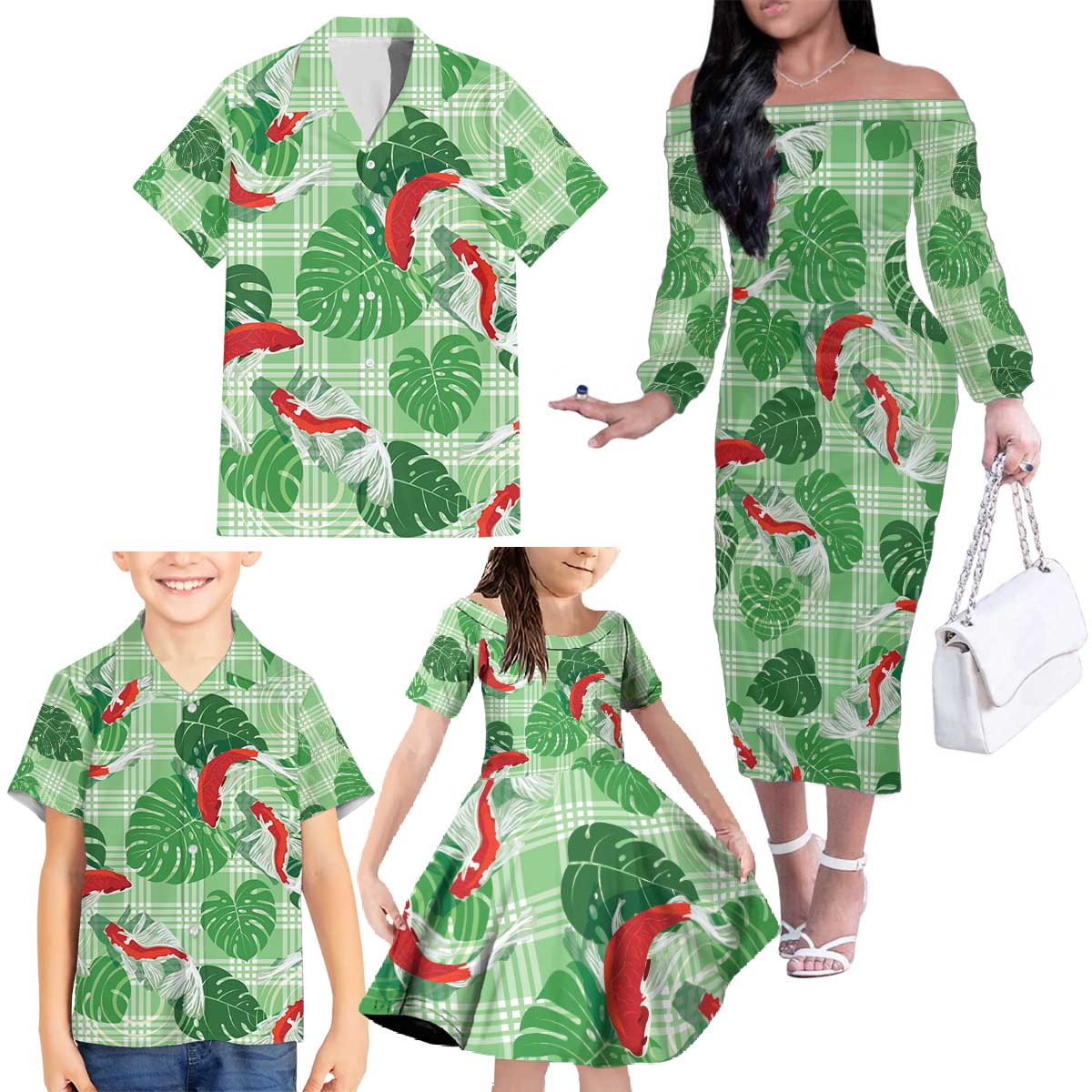 Lime Palaka Hawaii Aloha Family Matching Off The Shoulder Long Sleeve Dress and Hawaiian Shirt Koi Pond Mix Monstera - Polynesian Pride