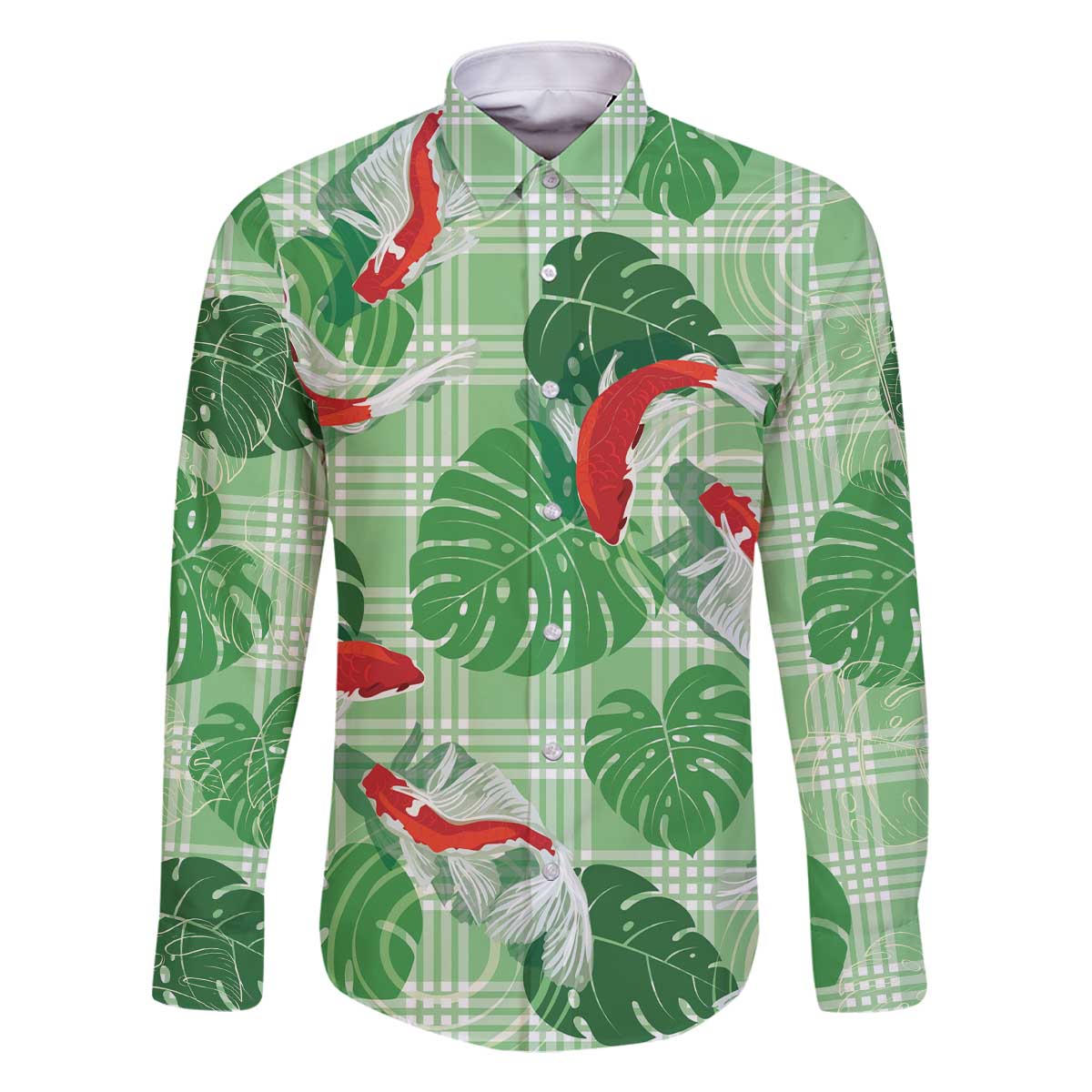 Lime Palaka Hawaii Aloha Family Matching Off The Shoulder Long Sleeve Dress and Hawaiian Shirt Koi Pond Mix Monstera - Polynesian Pride