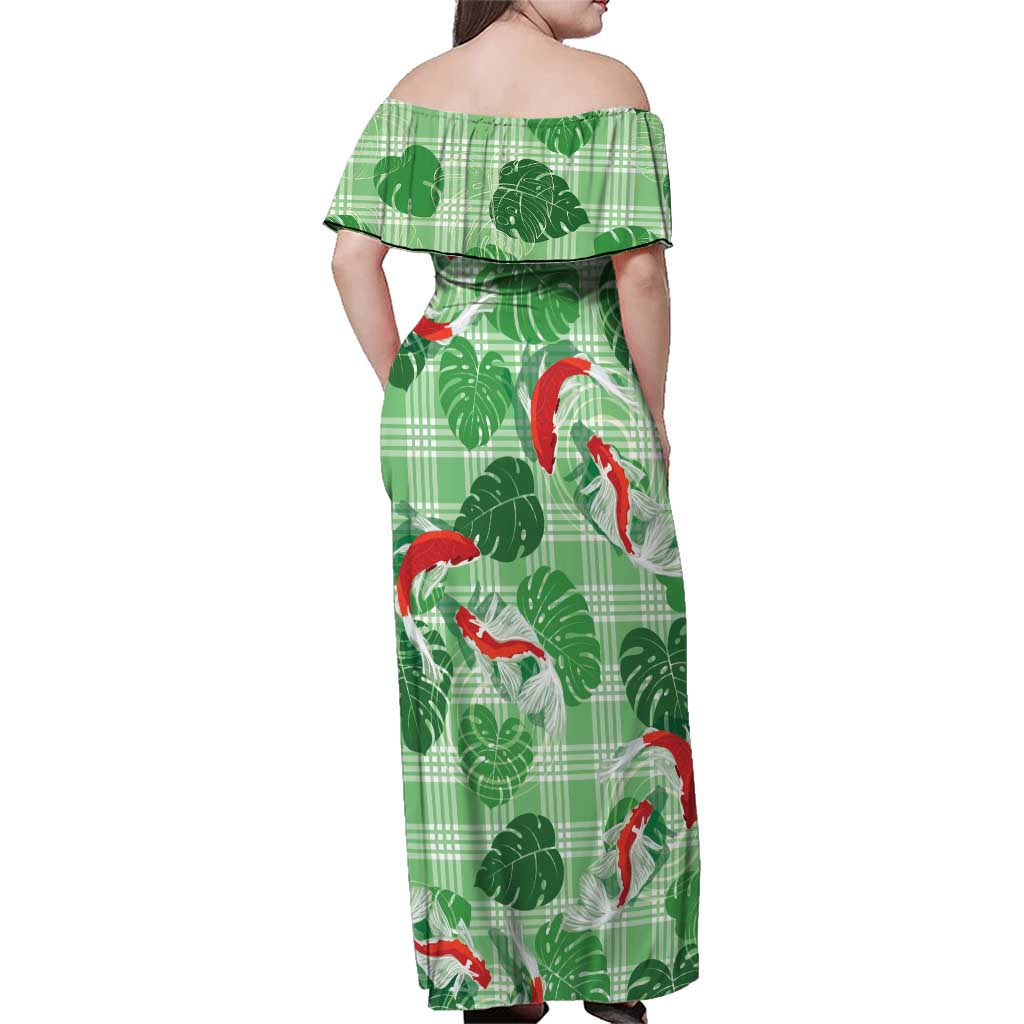 Lime Palaka Hawaii Aloha Family Matching Off Shoulder Maxi Dress and Hawaiian Shirt Koi Pond Mix Monstera - Polynesian Pride