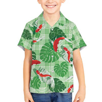 Lime Palaka Hawaii Aloha Family Matching Off Shoulder Maxi Dress and Hawaiian Shirt Koi Pond Mix Monstera - Polynesian Pride